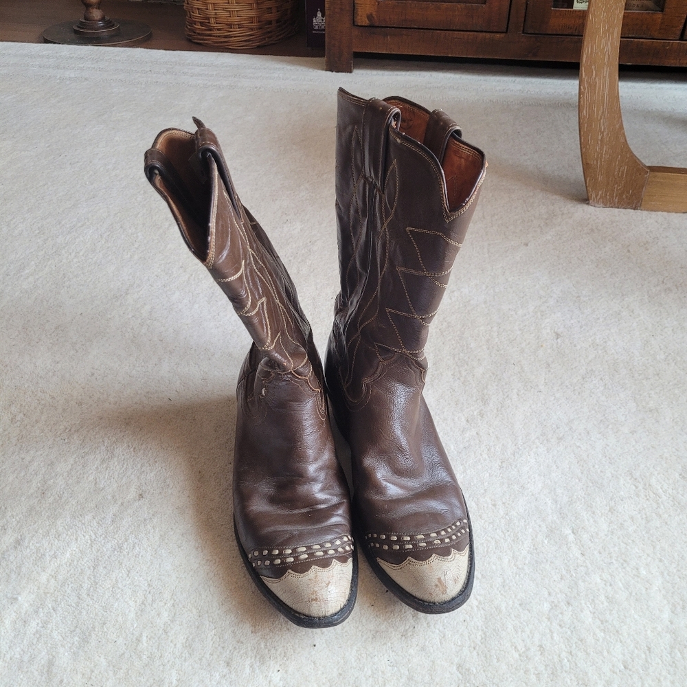 Vintage Justin Boots Brown and Cream Leather Cowgirl Boots - Women's 7 1/2